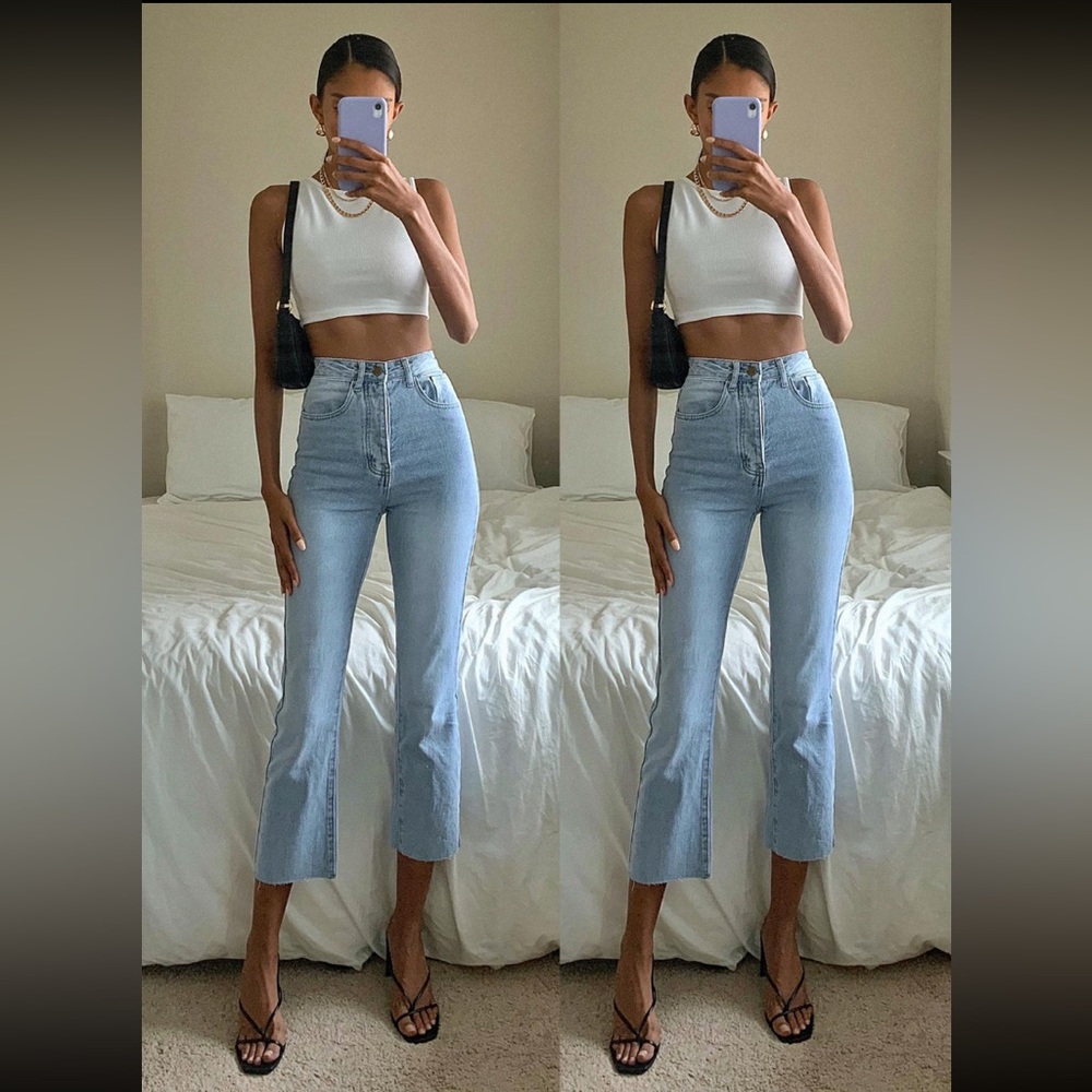 PRINCESS POLLY light wash cropped straight leg jeans.